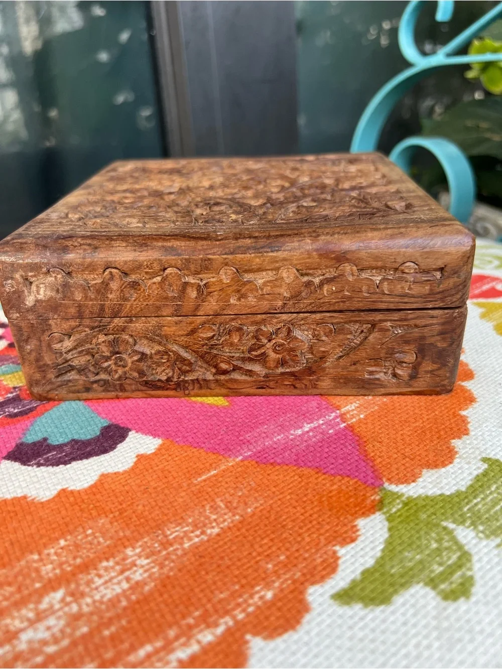 Vintage Archana Crafts India Hand Carved Wooden Trinket Box Floral Sheesham Wood